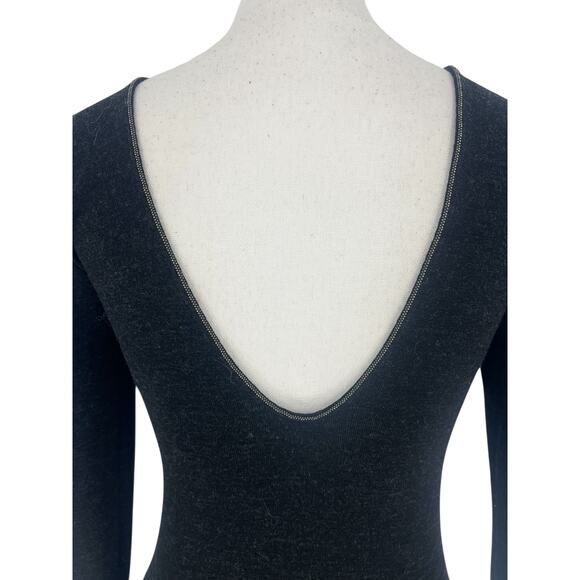 Brunello Cucinelli Monili Trim Virgin Wool Low Back Long Sleeve Top Dark Gray - Picture 10 of 11